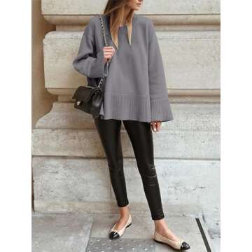 Caracilia Sweaters for Women Oversized Crewneck Long Sleeve Casual Loose Knit Pullover Sweater Top 2024 Fall Grey Small