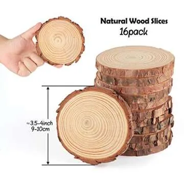 ilauke Wood Slices for Crafts 3.5''-4'' Unfinished Wood Crafts 16Pcs Natural Wood Rounds with Bark f...