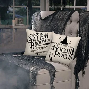 4TH Emotion Halloween Decor Pillow Covers 16x16 Set of 4 Halloween Decorations Hocus Pocus Farmhouse Saying Outdoor Fall Pillows Decorative Throw Cushion Case for Home Couch TH023-16