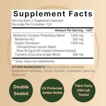 Berberine Supplement 1500mg, 240 Veggie Capsules | Plus 1000mg True Ceylon Cinnamon & 300mg Turmeric...