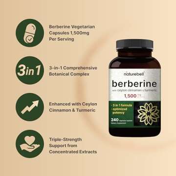 Berberine Supplement 1500mg, 240 Veggie Capsules | Plus 1000mg True Ceylon Cinnamon & 300mg Turmeric Root – 97% Berberine HCL – Plant-Based, Vegan, Non-GMO