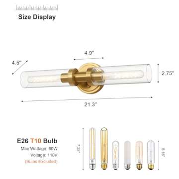 SANTOSTOCK Brushed Gold Bathroom Vanity Light Fixture, 2-Light Modern Wall Sconce Lighting W/Clear Glass, Brass Wall Mount Lamp for Mirror Hallway Kitchen Living Room, E26 T10 Bulbs(Excluded)