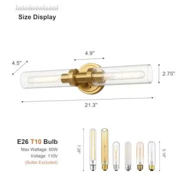 SANTOSTOCK Brushed Gold Bathroom Vanity Light Fixture, 2-Light Modern Wall Sconce Lighting W/Clear Glass, Brass Wall Mount Lamp for Mirror Hallway Kitchen Living Room, E26 T10 Bulbs(Excluded)