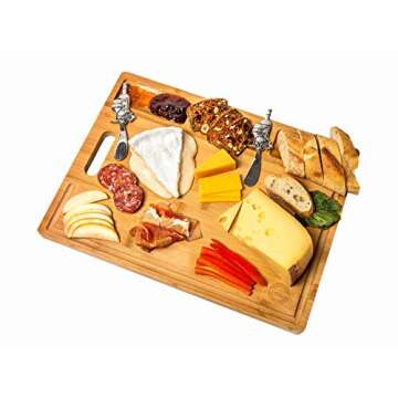 Large Organic Bamboo Cutting Board - Wooden Charcuterie Cheese Serving Platter For Kitchen - With De...