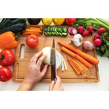 Large Organic Bamboo Cutting Board - Wooden Charcuterie Cheese Serving Platter For Kitchen - With Deep Drip Edge & Garnish Bowls - Boards Are BPA Free,16x12” - Unique Housewarming Gift Idea - Good&Co.