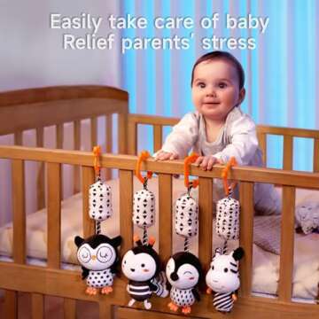 TUMAMA Black and White Baby Toys for 3 6 9 12 Months,Plush Hanging Rattles,Newborn Stroller Toys for Boys and Girls,4 Pack