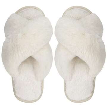 DOIOWN Women's Fuzzy Beige Slippers Memory Foam Cute House Slippers Plush Fluffy Furry Open Toe Home...