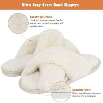 DOIOWN Women's Fuzzy Beige Slippers Memory Foam Cute House Slippers Plush Fluffy Furry Open Toe Home Shoes Bridal Bridesmaid Gifts for Wedding (Size 9-10)