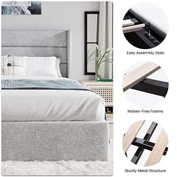 SHA CERLIN Queen Size Lift Up Storage Bed/Modern Wingback Headboard/Upholstered Platform Bed Frame/Hydraulic Storage/No Box Spring Needed/Wood Slats Support/Light Grey