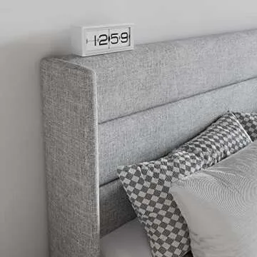 SHA CERLIN Queen Size Lift Up Storage Bed/Modern Wingback Headboard/Upholstered Platform Bed Frame/Hydraulic Storage/No Box Spring Needed/Wood Slats Support/Light Grey