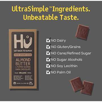 Hu Chocolate Bars | 4 Pack Almond Butter Puffed Quinoa Chocolate | Natural Organic Vegan, Gluten Free, Paleo, Non GMO, Fair Trade Dark Chocolate | 2.1oz Each