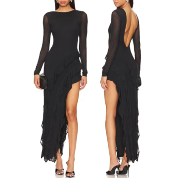 Capuffy Womens Long Sleeves Backless Maxi Dress Mesh Tassel Ruffle Side Split Bodycon Dress Siobhan ...