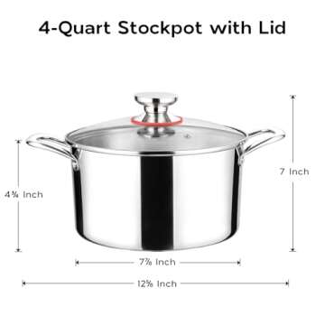 Onader 4 Quart Stock Pot with Lid 18/10 Stainless Steel Stockpot Tri-Ply Cooking Induction Pot