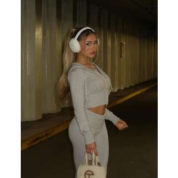 Springrain Women Sweater Sets 2 Piece Lounge Sets Ribbed Zip Hoodie Knitted Outfits(LightGrey-M)