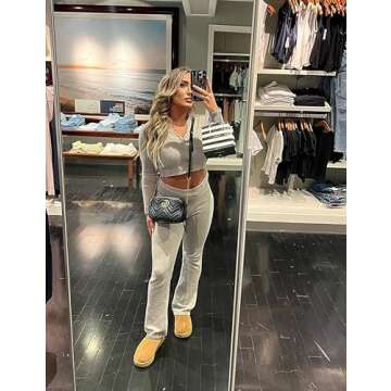 Springrain Women Sweater Sets 2 Piece Lounge Sets Ribbed Zip Hoodie Knitted Outfits(LightGrey-M)