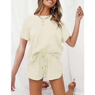 MEROKEETY Women's Short Sleeve Waffle Pajama Sets Lounge Top and Shorts 2 Piece Tracksuit Outfits, Cream, M