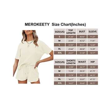 MEROKEETY Women's Short Sleeve Waffle Pajama Sets Lounge Top and Shorts 2 Piece Tracksuit Outfits, Cream, M