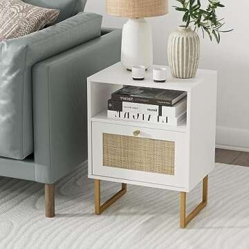 Masupu Rattan Nightstand,Modern Boho Farmhouse Wood Bedside Table with Storage Drawer and Open Shelf,Small Gold Frame Side End Table for Bedroom,Living Room,Office(White)