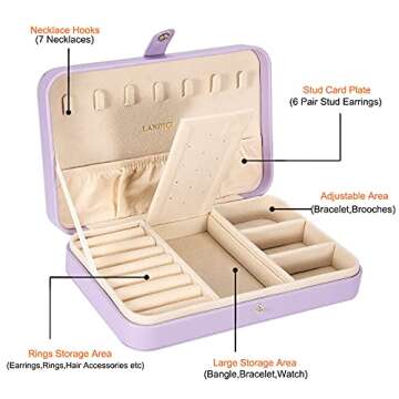 LANDICI Small Jewelry Box for Women Girls, PU Leather Travel Jewelry Case, Portable Jewelry Organizer Storage Holder Display for Ring Earrings Necklace Bracelet Bangle Men Kids Gift, Lavender