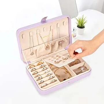 LANDICI Small Jewelry Box for Women Girls, PU Leather Travel Jewelry Case, Portable Jewelry Organizer Storage Holder Display for Ring Earrings Necklace Bracelet Bangle Men Kids Gift, Lavender