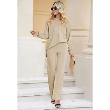 Linsery Women Two Piece Tracksuits Set Winter Casual Knitted Loose Side Slit Sweater Pullover Top Wide Leg Pants Suit Outfit Apricot X-Large