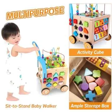 WOODMAM 9-in-1 Wooden Activity Cube & Baby Walker