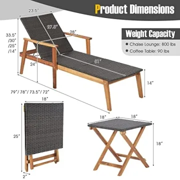 Tangkula Patio Chaise Lounge Set Adjustable Backrest Folding Table