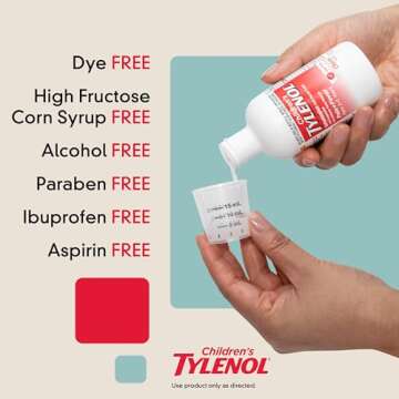 Tylenol Children's Liquid Pain Relief & Fever Medicine, Oral Suspension, Dye-Free, Acetaminophen, Aspirin-Free, Ibuprofen-Free, High Fructose Corn Syrup-Free; Cherry Flavor, 8 fl. oz.; Pack of 1