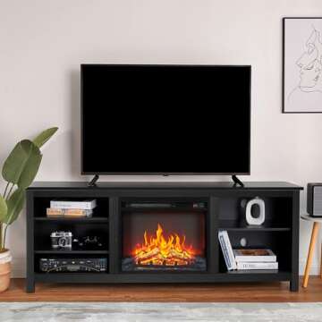 AMERLIFE Fireplace TV Stand with 23'' Electric Fireplace, Black Wood Texture & Entertainment Center ...