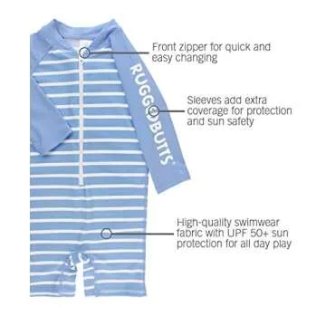 RUGGEDBUTTS® Baby/Toddler Boys Cornflower Blue Stripe One Piece Rash Guard with UPF 50+ Sun Protection - 6-12m