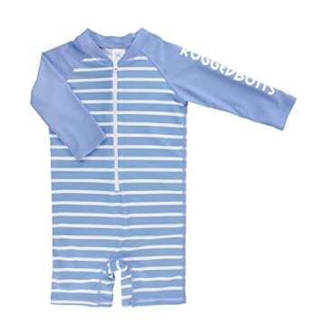 RUGGEDBUTTS® Baby/Toddler Boys Cornflower Blue Stripe One Piece Rash Guard with UPF 50+ Sun Protection - 6-12m