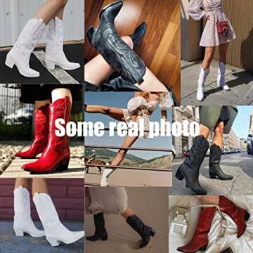 CYNLLIO Western Cowgirl Boots for Women Embroideried Chunky Heel Wide Mid Calf Boots Pull on Pointed Toe Cowboy Wedding Boots Fashion Cosplay Boho Boots