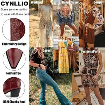 CYNLLIO Western Cowgirl Boots for Women Embroideried Chunky Heel Wide Mid Calf Boots Pull on Pointed Toe Cowboy Wedding Boots Fashion Cosplay Boho Boots