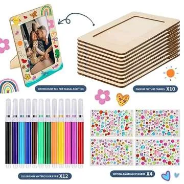 zjdbset Picture Frame Painting Craft Kit for 4 * 6 Photo,10Pcs DIY Unfinished Wooden Picture Frames with 12Pcs Painting Color Pen 4 Sheets Crystal Diamond Stickers for DIY Craft