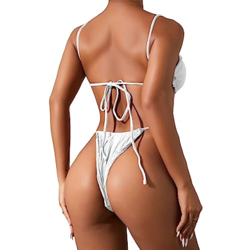 Lilosy Sexy Ribbed Ruffle G String Tie Bikini Set