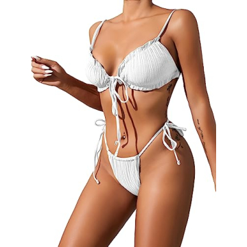 Lilosy Sexy Ribbed Ruffle G String Tie Bikini Set