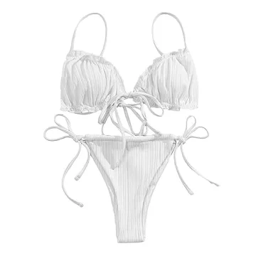Lilosy Sexy Ribbed Ruffle G String Tie Bikini Set