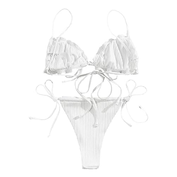 Lilosy Sexy Ribbed Ruffle G String Tie Bikini Set