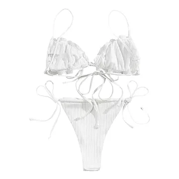Lilosy Sexy Ribbed Ruffle G String Tie Bikini Set