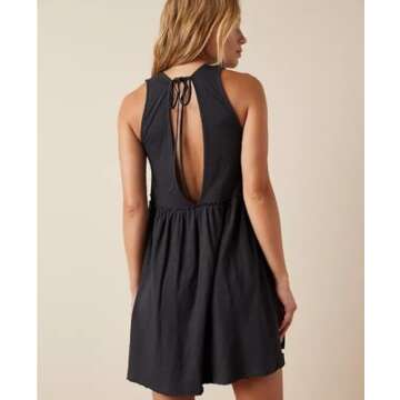 Aimiray Women's Casual Sleeveless Mini Dress Loose V Neck Backless Pleated Short Tank Sundress with Pockets(Black-L)