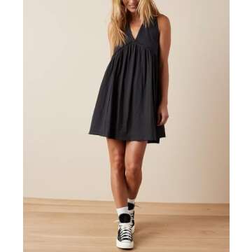 Aimiray Women's Casual Sleeveless Mini Dress Loose V Neck Backless Pleated Short Tank Sundress with Pockets(Black-L)