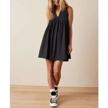 Aimiray Women's Casual Sleeveless Mini Dress Loose V Neck Backless Pleated Short Tank Sundress with Pockets(Black-L)