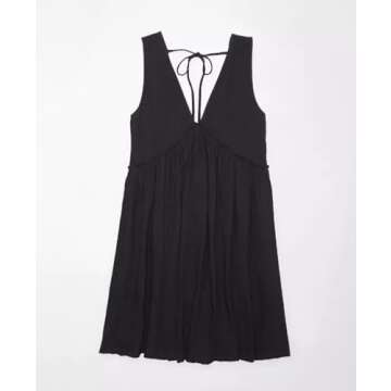 Aimiray Women's Casual Sleeveless Mini Dress Loose V Neck Backless Pleated Short Tank Sundress with Pockets(Black-L)