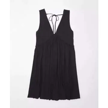 Aimiray Women's Casual Sleeveless Mini Dress Loose V Neck Backless Pleated Short Tank Sundress with Pockets(Black-L)