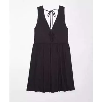 Aimiray Women's Casual Sleeveless Mini Dress Loose V Neck Backless Pleated Short Tank Sundress with Pockets(Black-L)