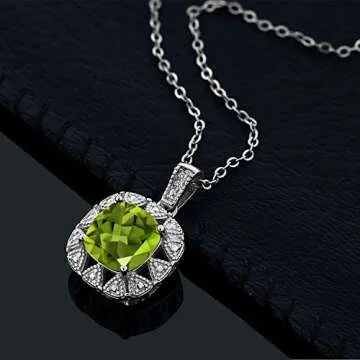 Gem Stone King 925 Sterling Silver Gemstone Birthstone and White Diamond Necklace | 8MM Cushion Cut Pendant Necklace For Women | With 18 Inch Chain