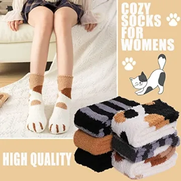 Fuzzy Cat Design Socks - Cozy 6 Pair Pack for Women