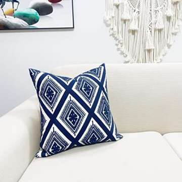 Slow Cow Embroidery Cushion Cover Decorative Throw Pillow Cover Geometric Invisible Zipper Pillow Cover for Living Room 18 x18 Inch Navy Blue