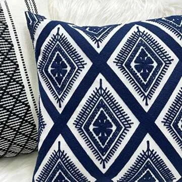 Slow Cow Embroidery Cushion Cover Decorative Throw Pillow Cover Geometric Invisible Zipper Pillow Cover for Living Room 18 x18 Inch Navy Blue