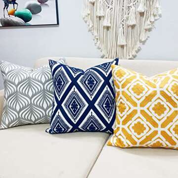 Slow Cow Embroidery Cushion Cover Decorative Throw Pillow Cover Geometric Invisible Zipper Pillow Cover for Living Room 18 x18 Inch Navy Blue